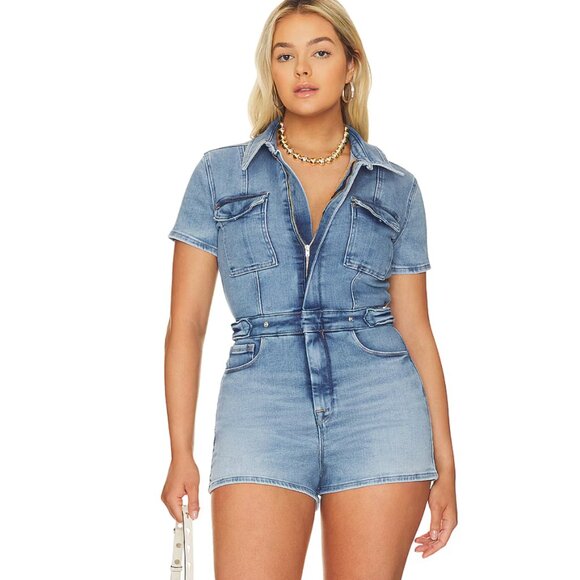 Good American Fit For Success Short Jumpsuit Romper in Blue Denim 274 / 8 - Picture 1 of 2